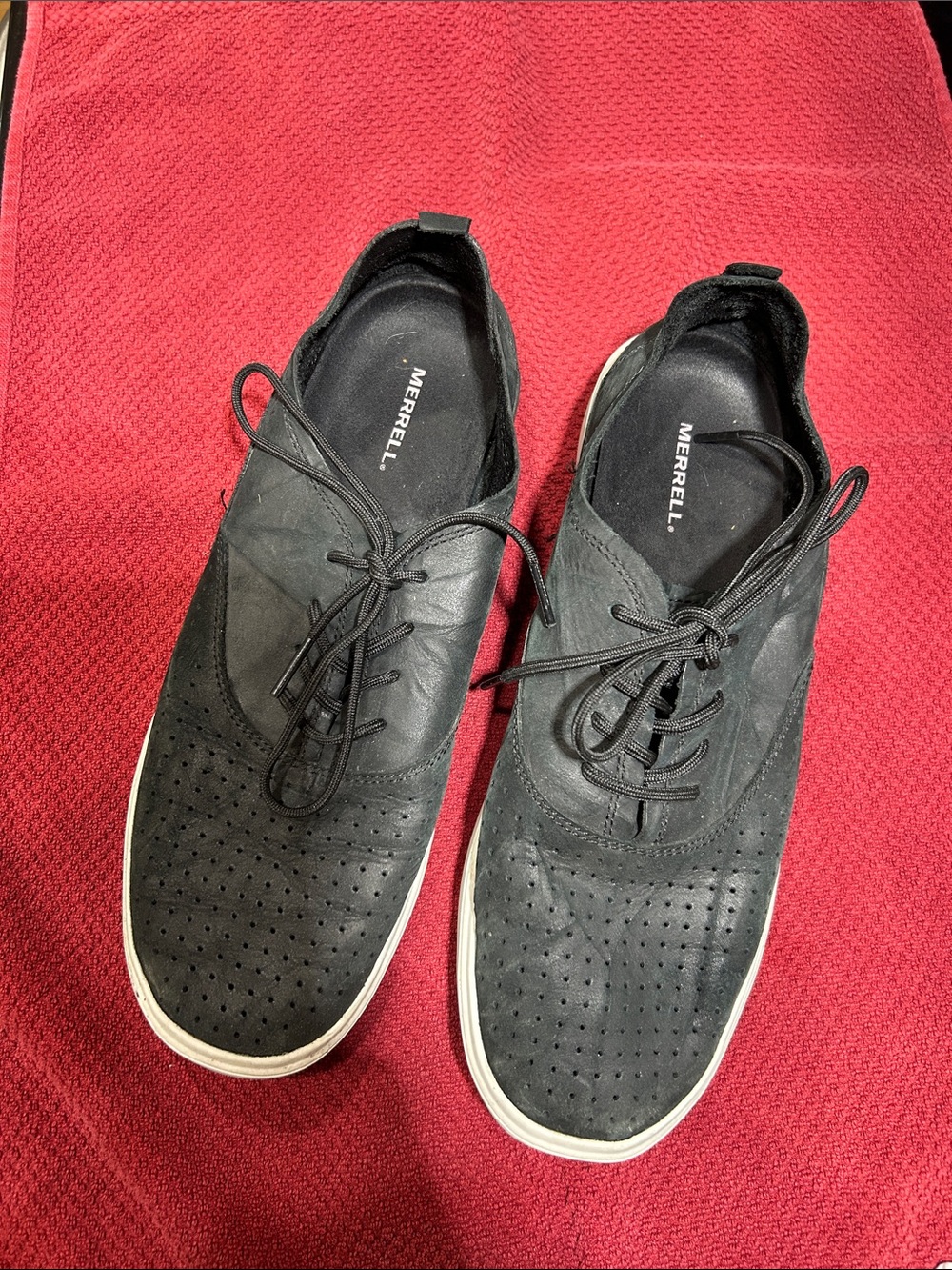 Merrell women’s Black Perforated Leather Lace-Up Sneakers with White Sole